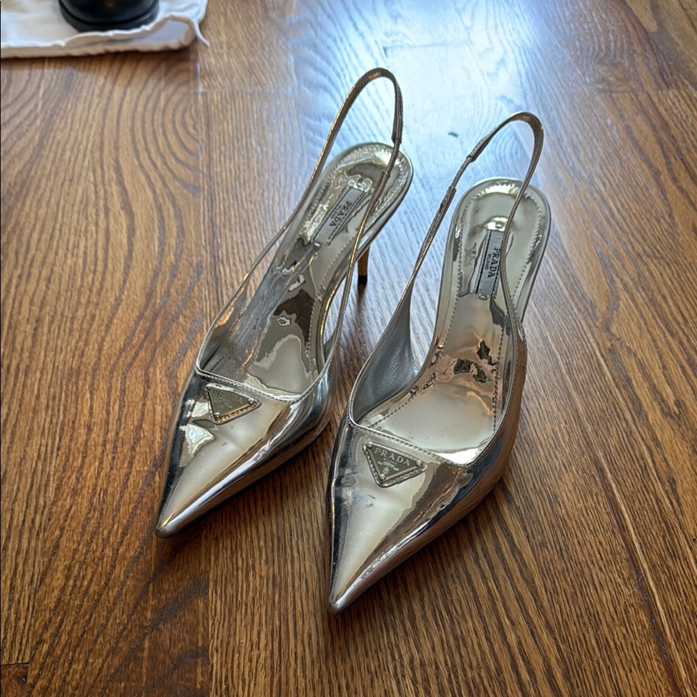 Prada Silver Slingback Heels with Pointed Toe